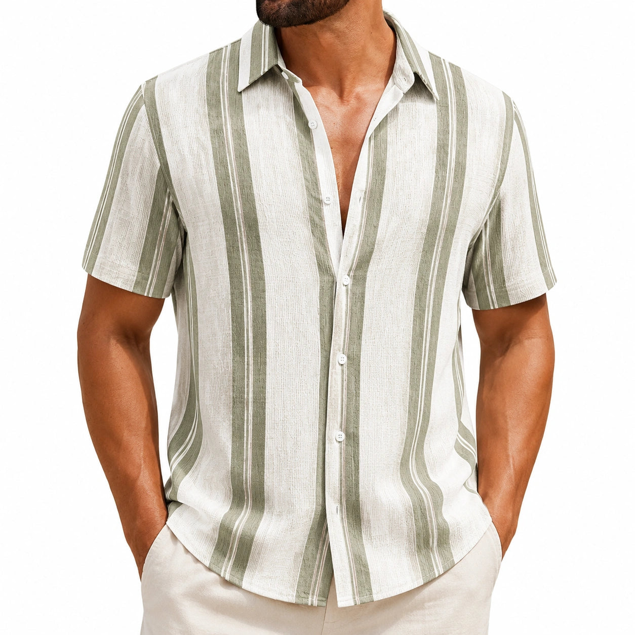 Camicia uomo M in tessuto bianco e verde a righe - manica corta stile casual