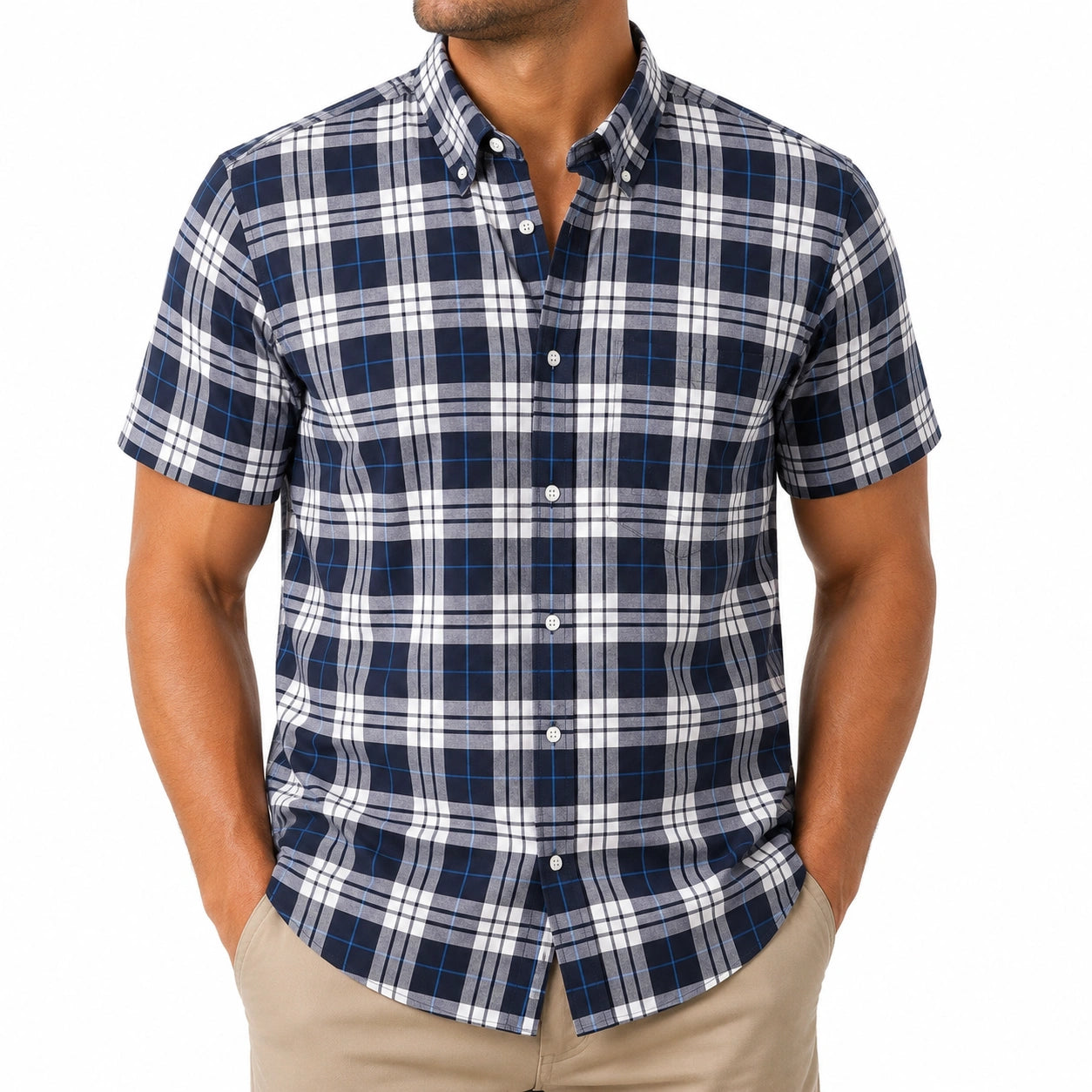 Camicia uomo M a quadri blu bianco e grigio a maniche corte con colletto button down