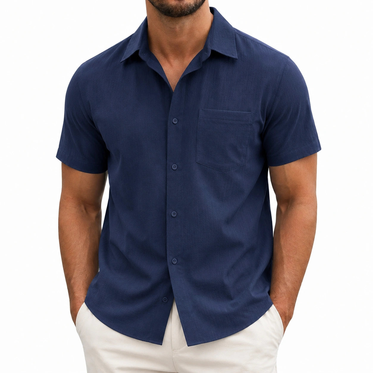 Camicia da uomo taglia L in tessuto blu navy a maniche corte con taschino