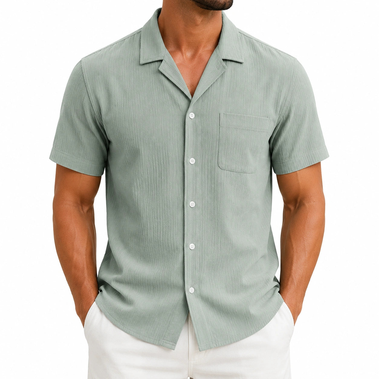 Camicia uomo taglia L in tessuto verde salvia a manica corta stile casual