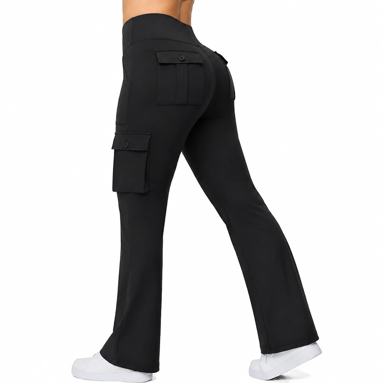 Pantaloni cargo donna taglia S in tessuto elasticizzato nero a gamba svasata
