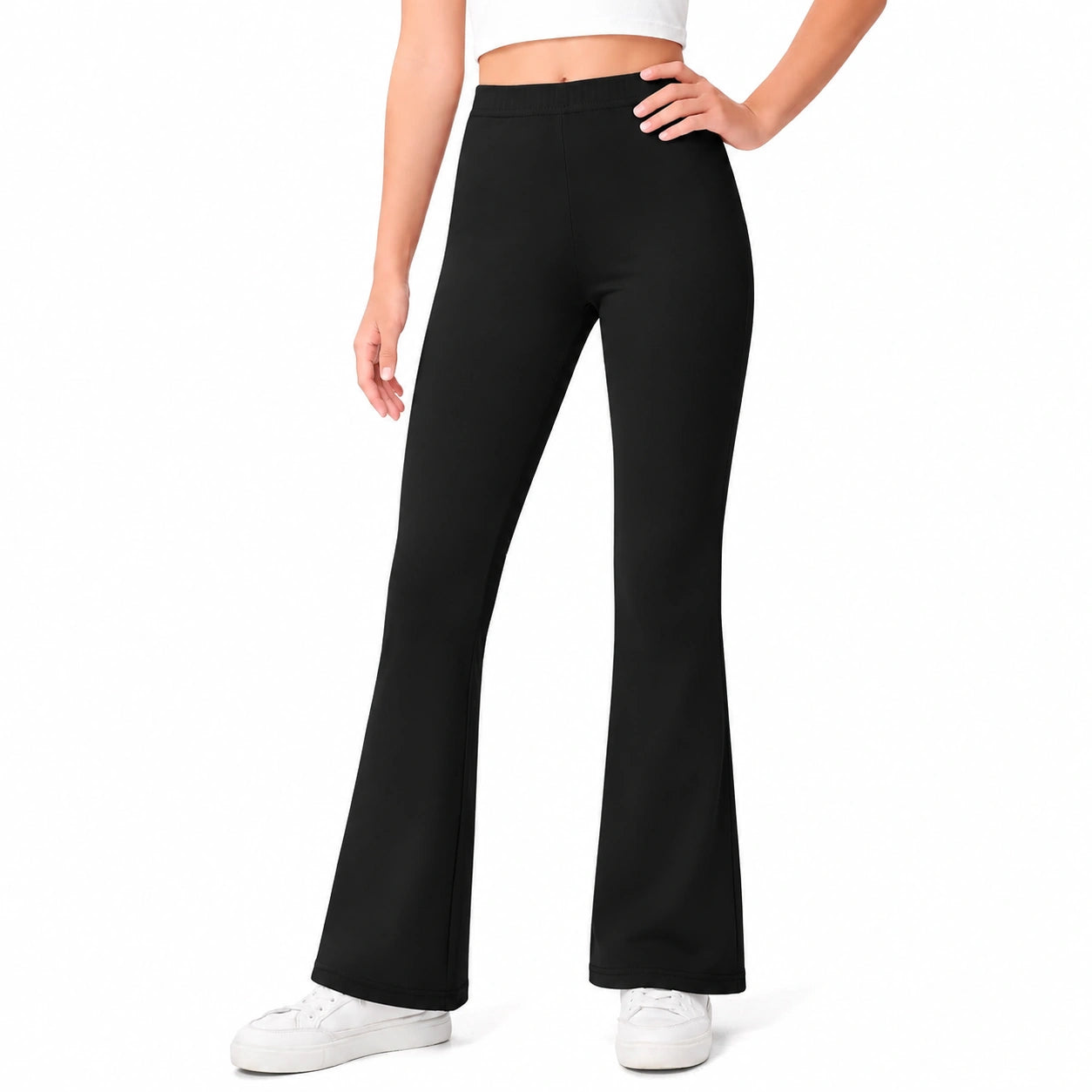 Pantaloni donna taglia M neri in tessuto elasticizzato a vita alta con gamba svasata