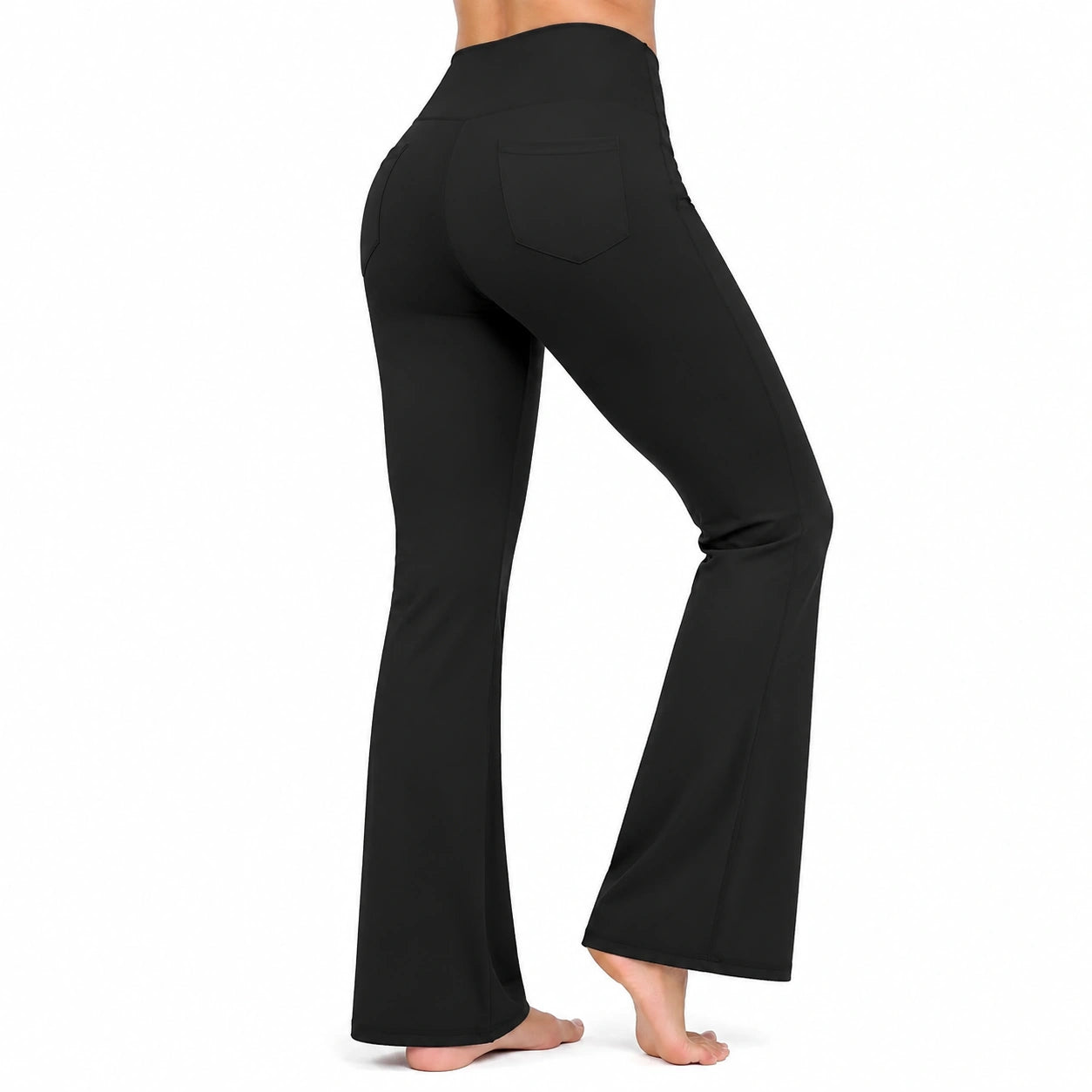 Pantaloni donna taglia M neri in tessuto elasticizzato a vita alta con gamba svasata