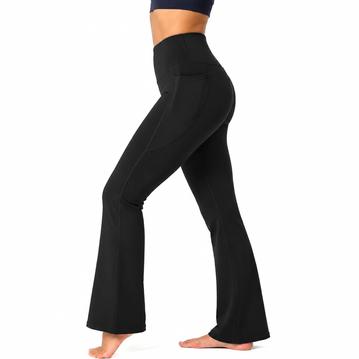Leggings da donna M in tessuto elasticizzato nero - vita alta svasati con tasche