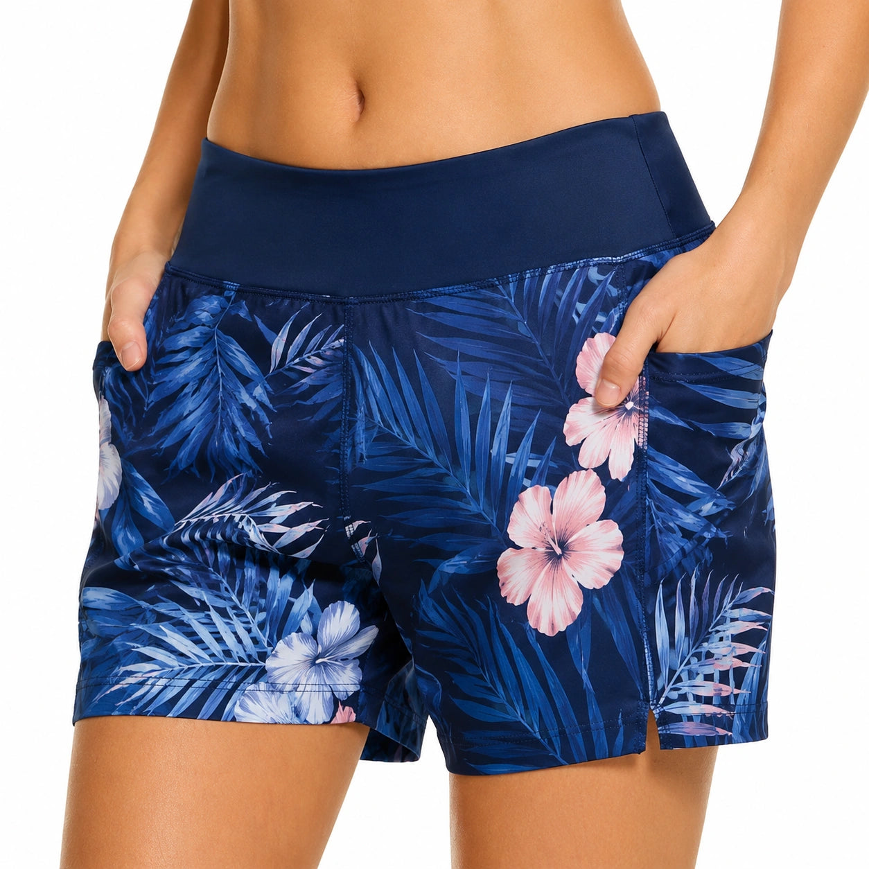 Pantaloncini da bagno donna taglia M in tessuto sintetico blu floreale - vita alta con tasche