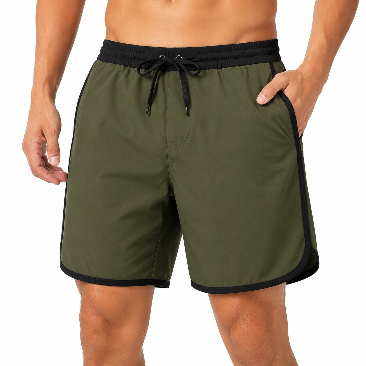 Pantaloncini uomo taglia L in tessuto sintetico verde oliva e nero - stile sportivo con coulisse