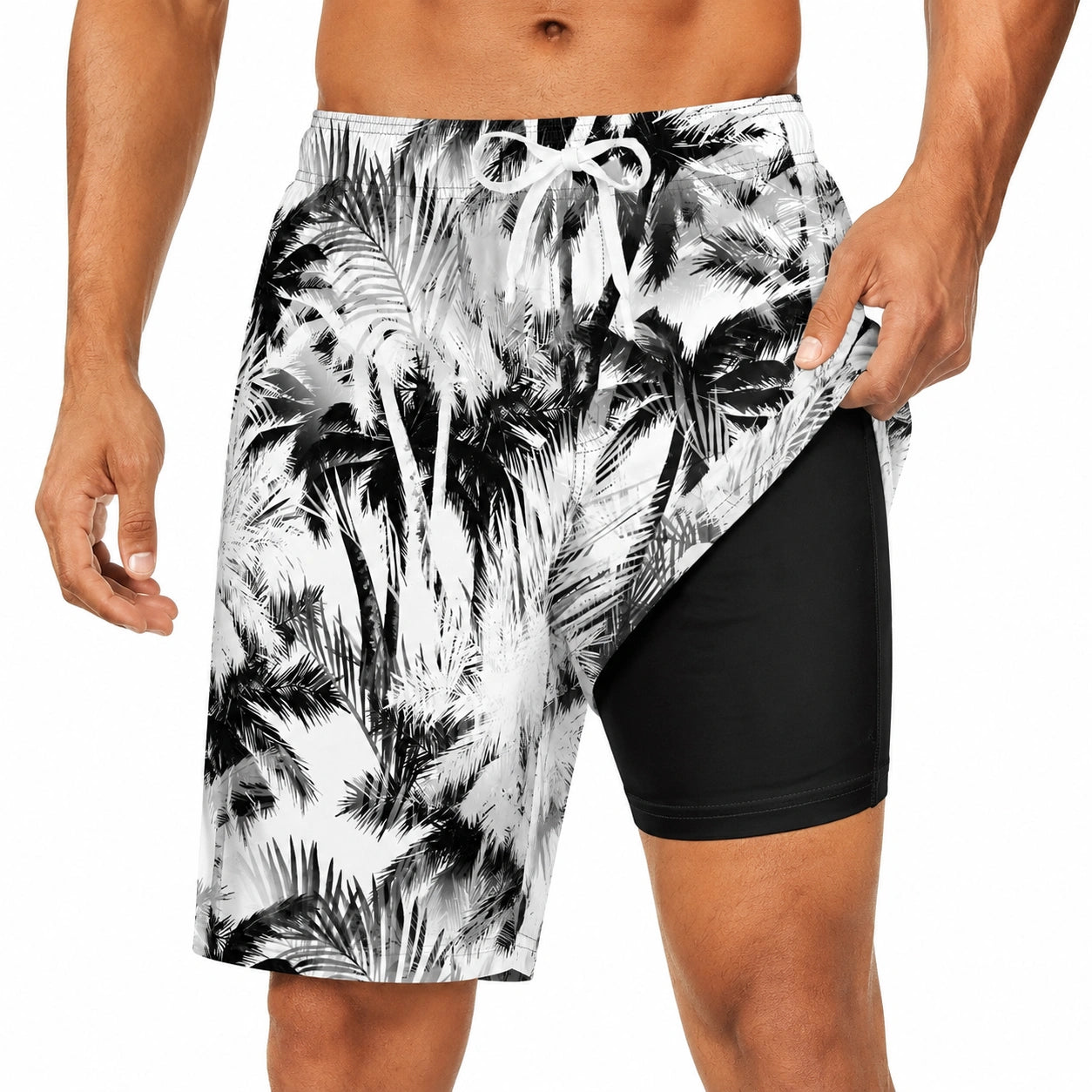 Pantaloncini da bagno uomo taglia L con fodera interna nera e stampa foglie bianco nero