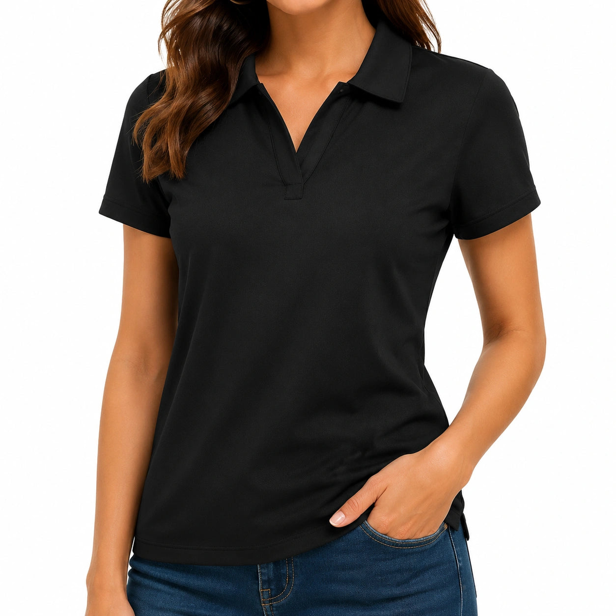 Polo da donna taglia S in tessuto sintetico nero a maniche corte stile casual