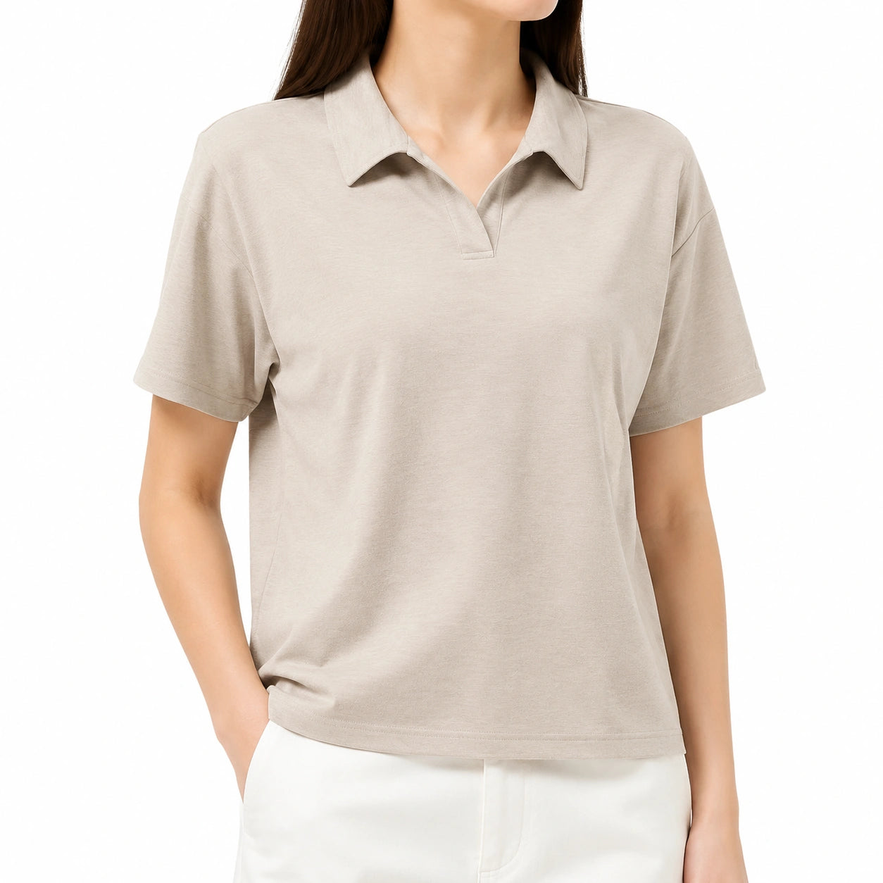 Polo donna taglia M in tessuto beige a maniche corte stile casual