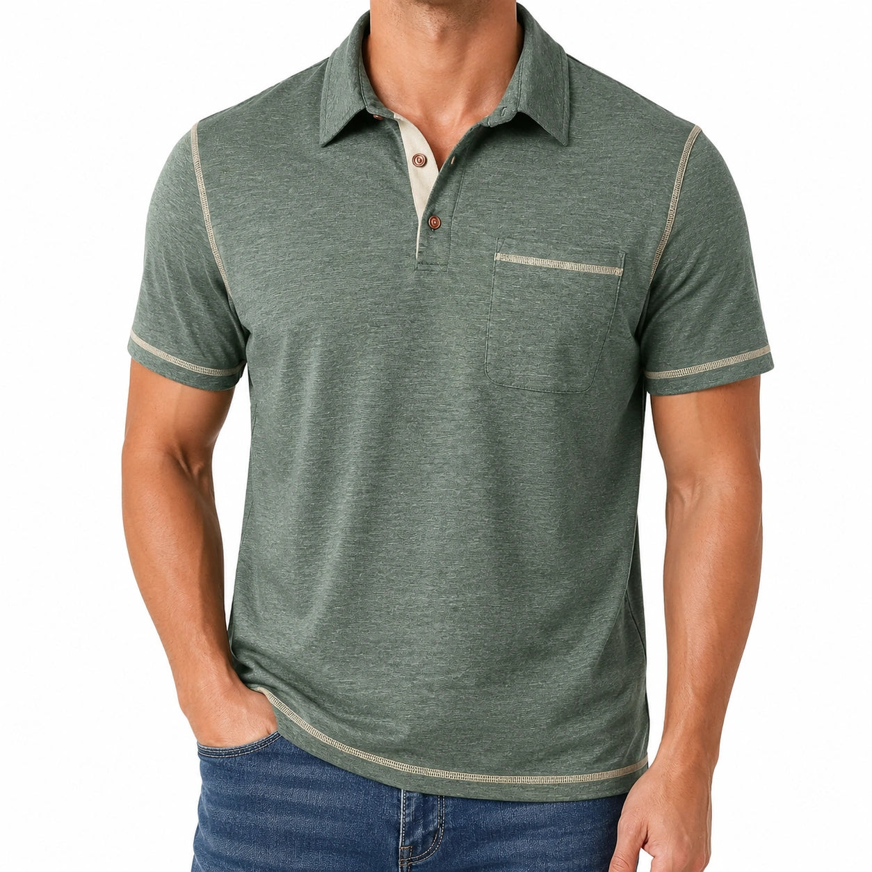 Polo uomo taglia M in tessuto verde mélange con taschino stile casual