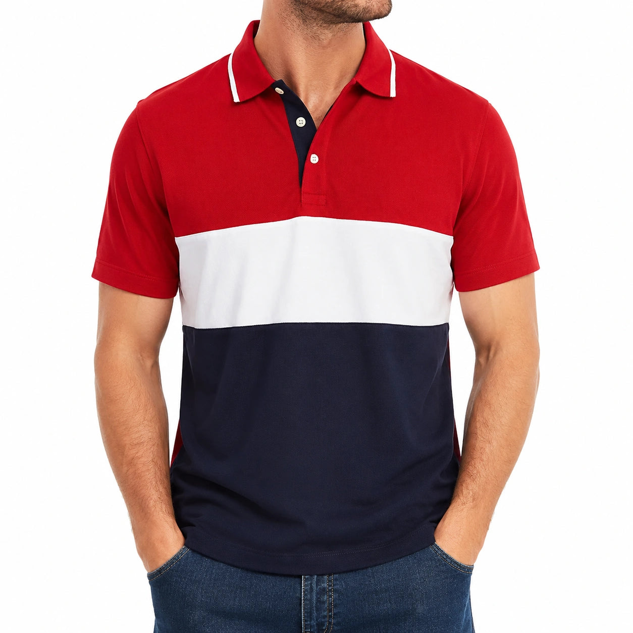Polo da uomo L in tessuto piqué rosso bianco blu navy a maniche corte
