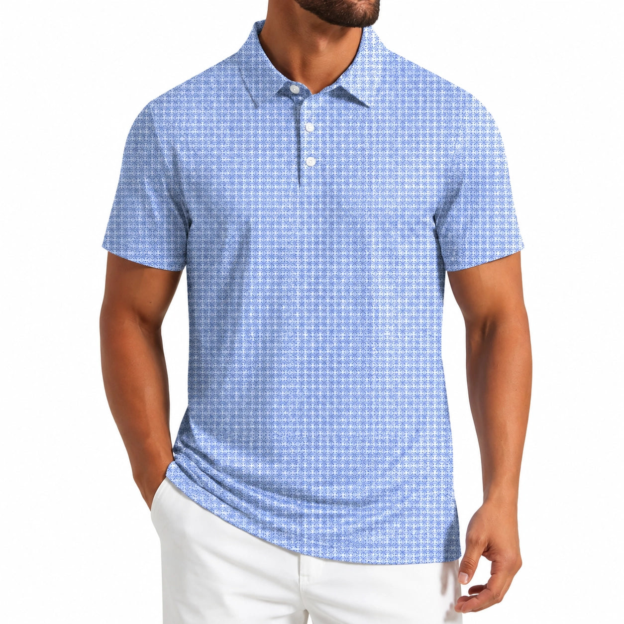 Polo uomo taglia L in tessuto azzurro a motivo geometrico maniche corte casual