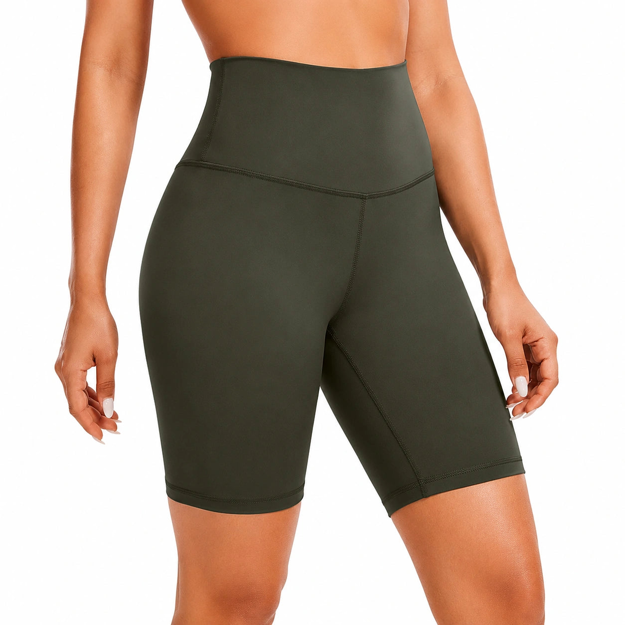 Pantaloncini ciclisti donna taglia M in tessuto elasticizzato verde oliva a vita alta per allenamento