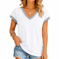 T-shirt da donna M bianca e grigia con scollo a V maniche corte stile casual
