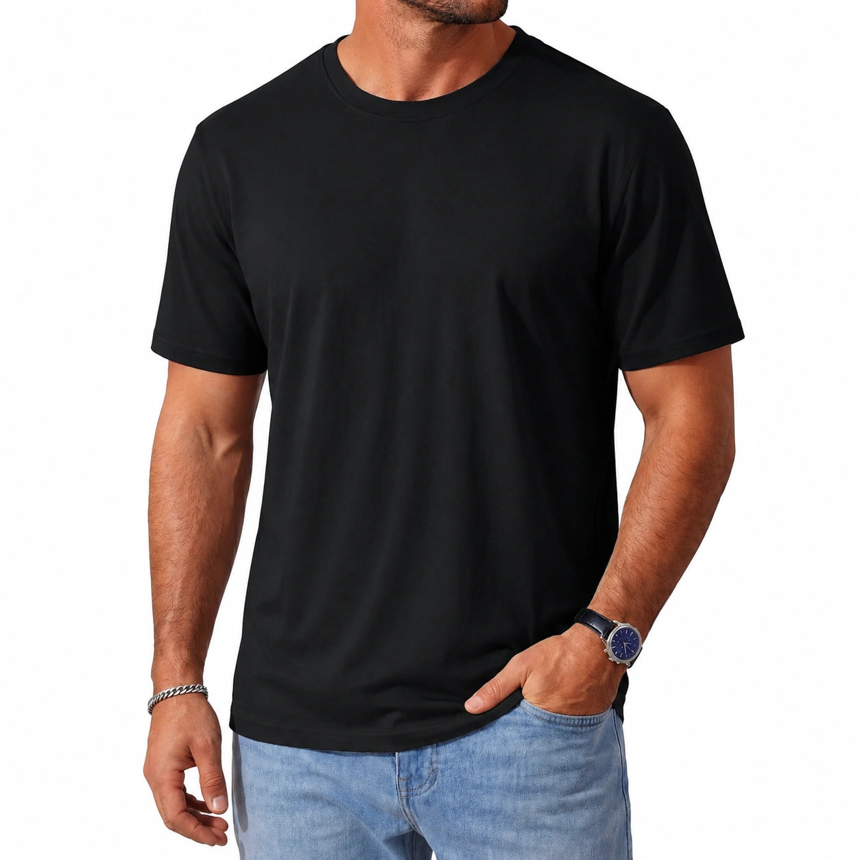 T-shirt da uomo L in tessuto nero a maniche corte girocollo stile casual